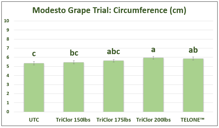 Modesto Grape Trial: Grapevine Circumference Results Chart